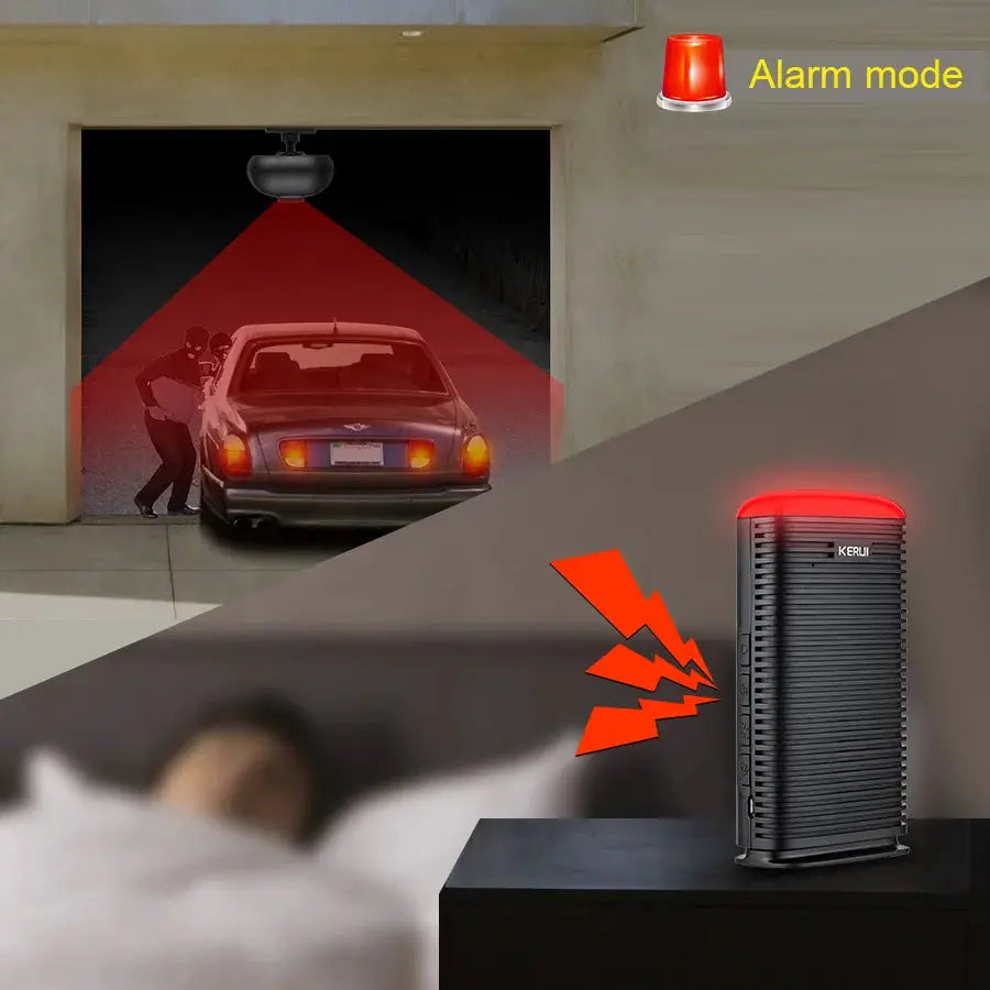 KERUI DW9 wireless driveway alarm with outdoor PIR motion sensor and red beacon siren