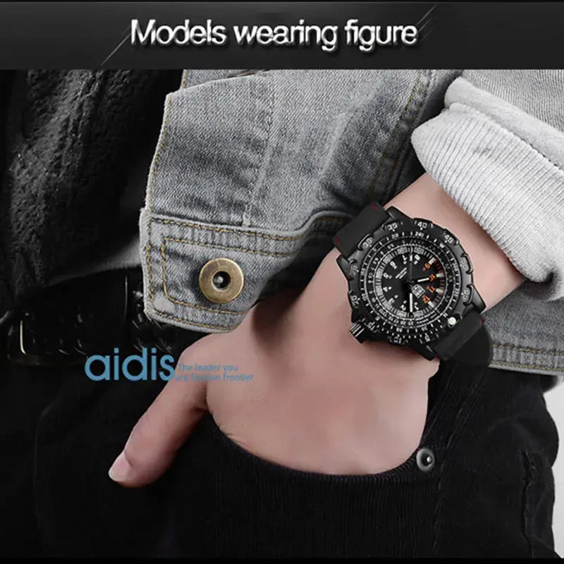 Addies military wristwatch for men, black strap and case, luminous dial, waterproof