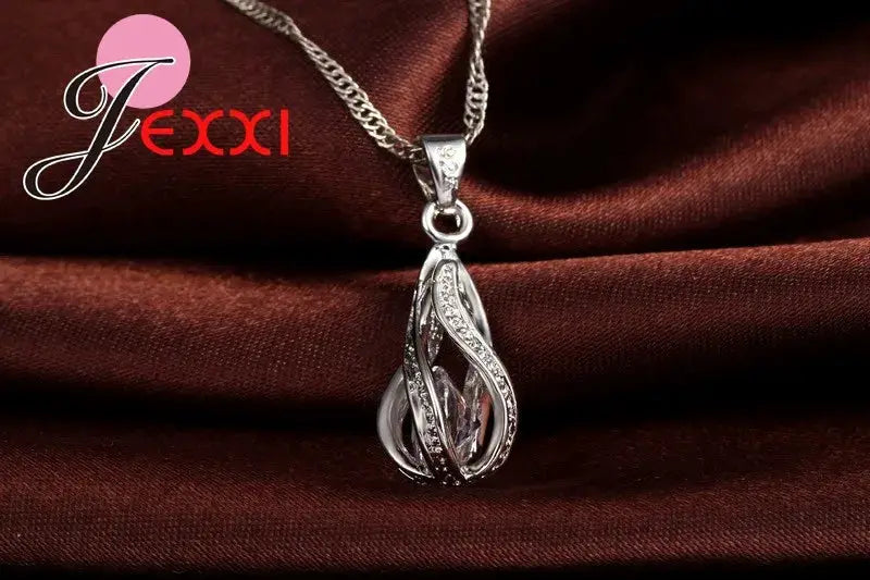 Water Drop CZ 925 Sterling Silver Plated Jewelry Set For Women Pendant Necklace And Hoop Earrings For Wedding Ceremony