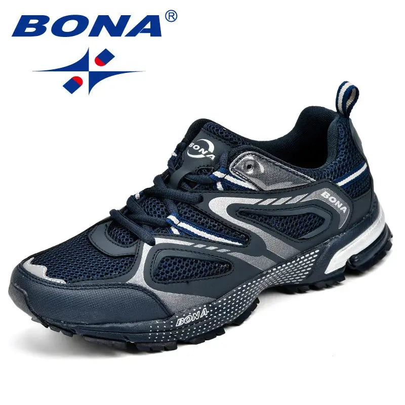 BONA men's running shoes in navy split-mesh with synthetic overlays, lace-up outdoor joggers