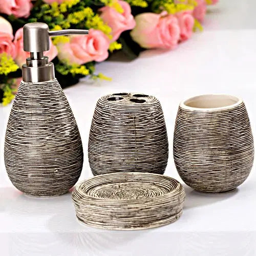 Simples Market bathroom ceramic set with textured grey dispenser, soap dish, toothbrush holders and rinse cup