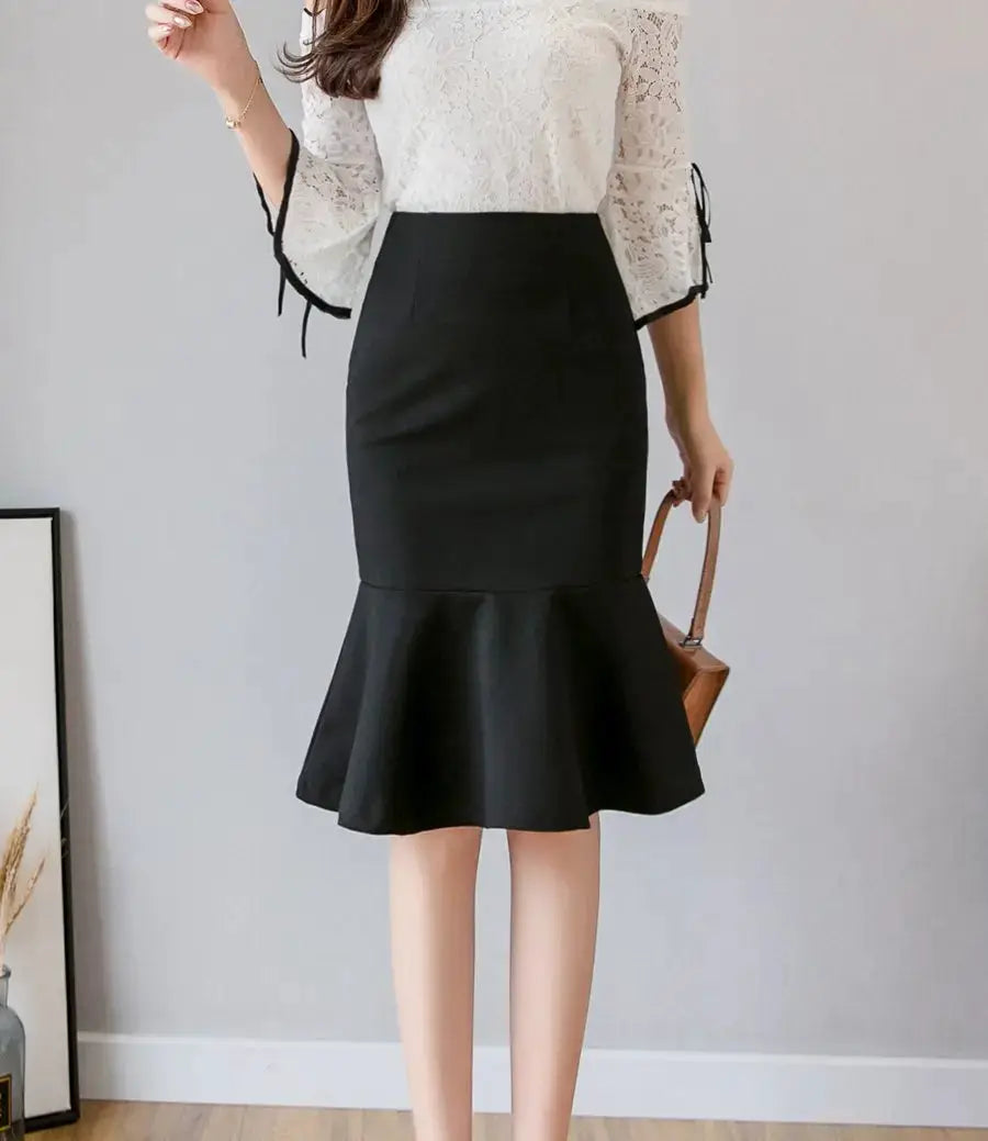 Women's black high-waist midi pencil skirt with a flared hem