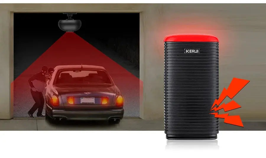 KERUI DW9 garage alarm device; black waterproof outdoor PIR motion sensor with red top