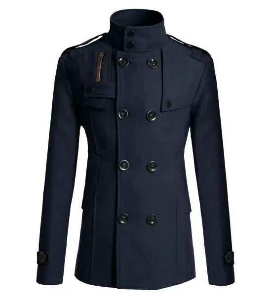 Men's navy wool double-breasted overcoat with epaulettes