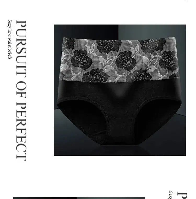 Women's high-waist cotton panties, black with gray floral lace waistband