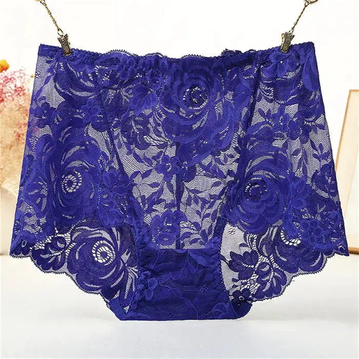 Purple lace high-waisted panties for women, plus-size lingerie with floral pattern