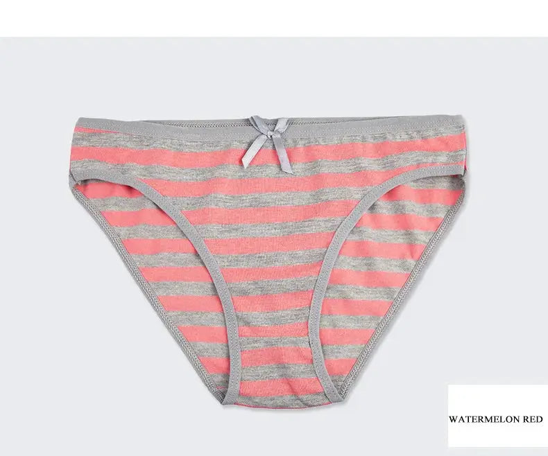 Women's cotton panties, pink and gray striped bikini briefs with a small bow
