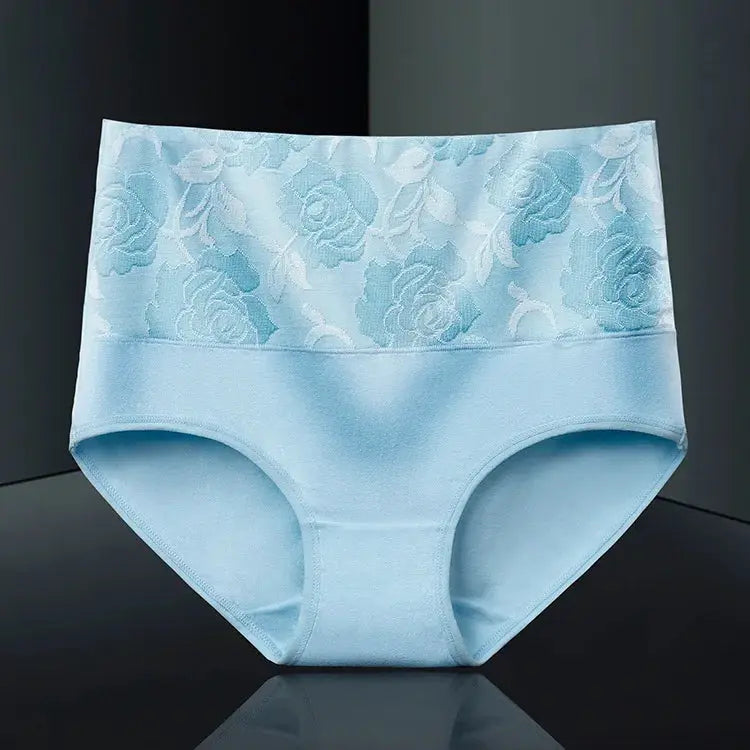 Women's high-waisted cotton panties with a floral lace waistband in light blue
