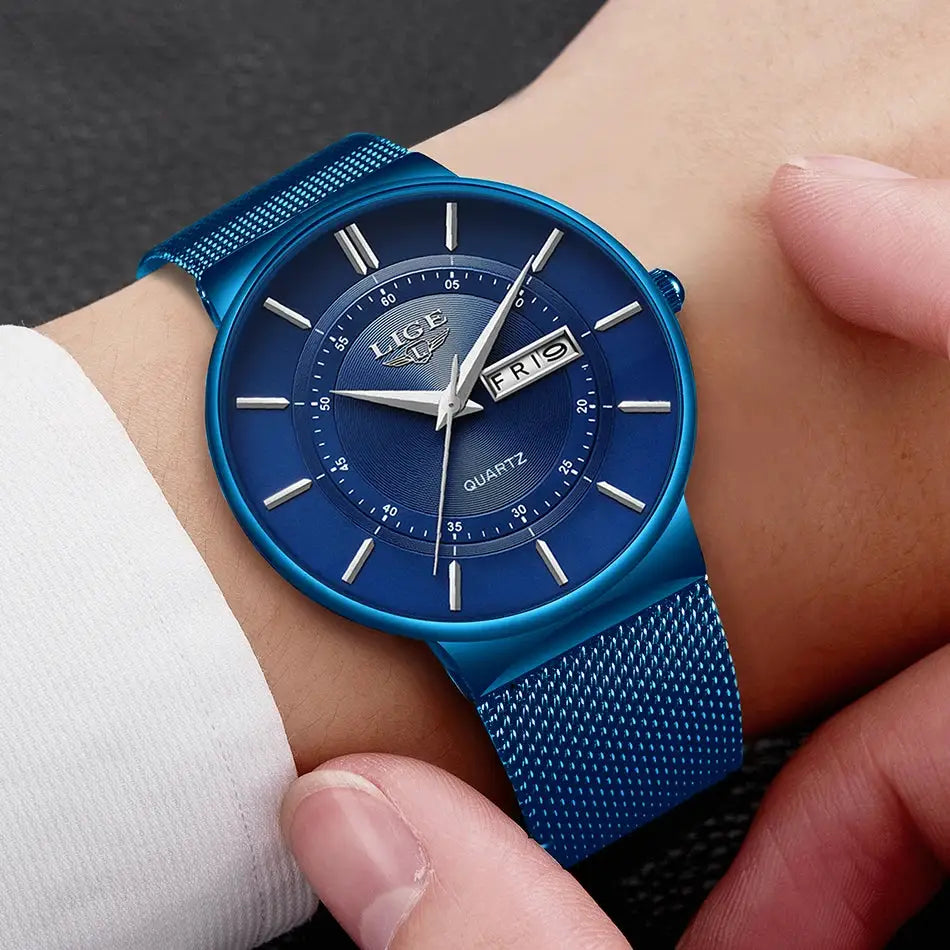 LIGE men's blue stainless steel mesh watch with date window and quartz movement