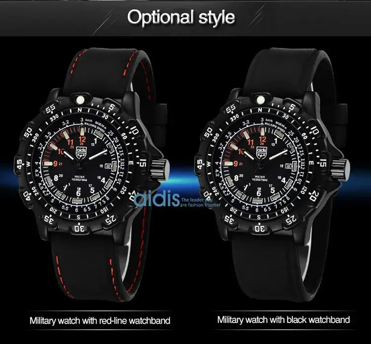 Addies Military Watch by Simples Market; two black quartz watches, one with red-stitched strap, the other black strap.