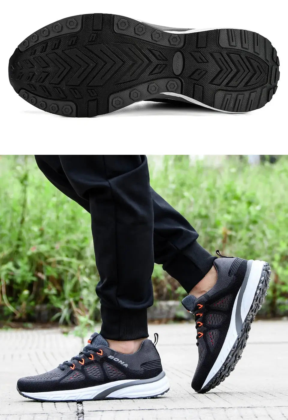 BONA sneakers for men, black mesh trainers with orange laces and white midsole.