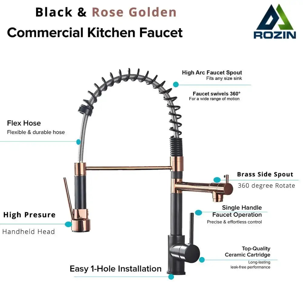 Rozin pull-down kitchen faucet in black and rose-gold with dual spout and flexible hose