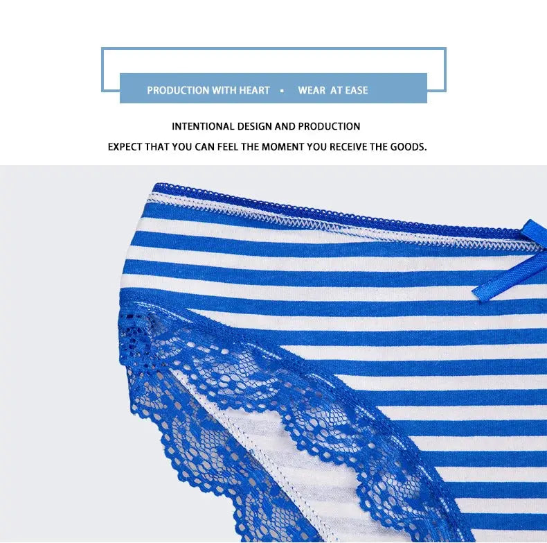 Women's cotton panties with blue-and-white stripes and blue lace trim
