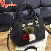 Yogodlns Beading Pendant Handbag Soft PU Leather Embossed Detailing Hairball Pendants Casual Tote With Compartments