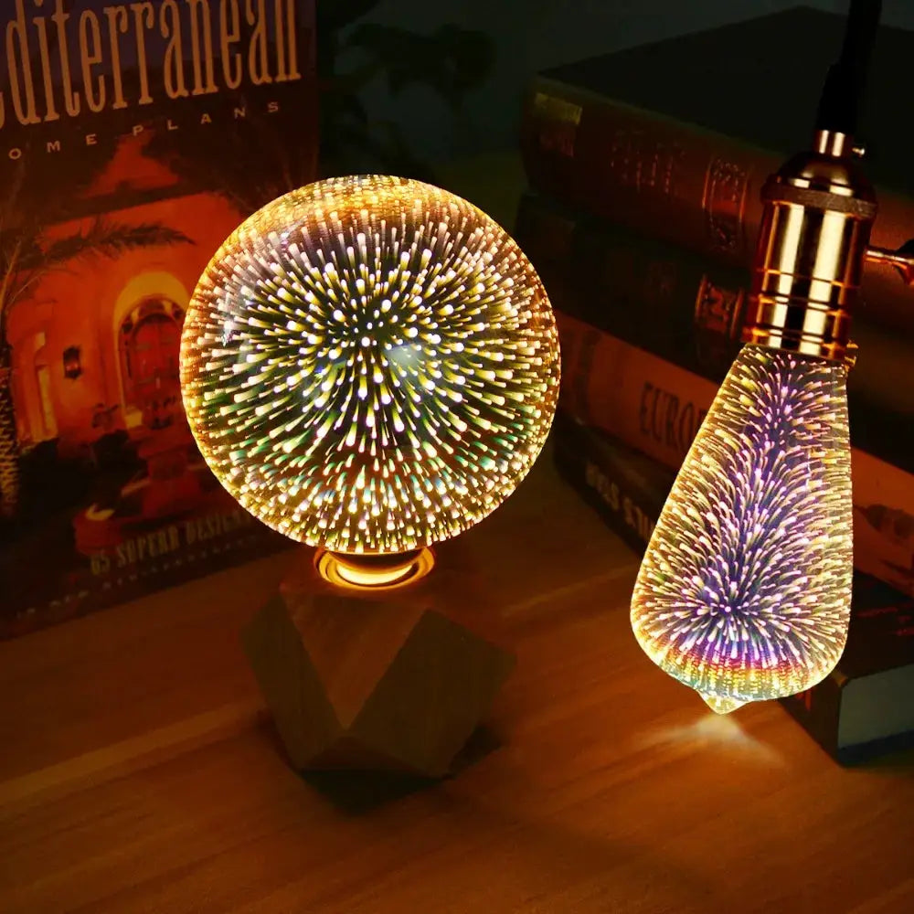 3D fireworks night light two-piece set: globe ball lamp and teardrop lamp with rainbow LED bursts.
