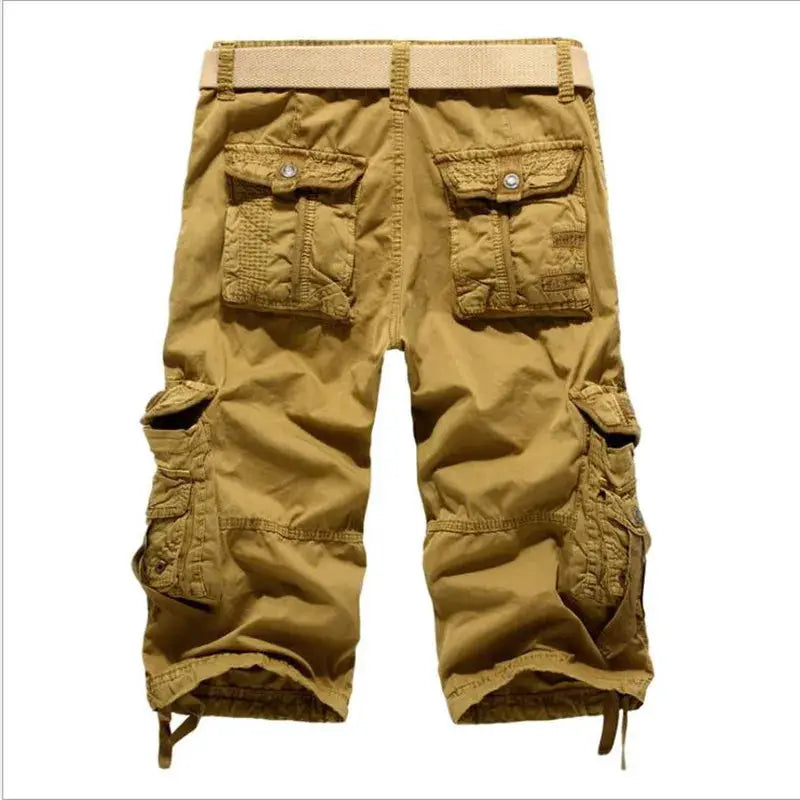 Simples Market men's cargo shorts, khaki cotton knee-length with belt and multiple cargo pockets.