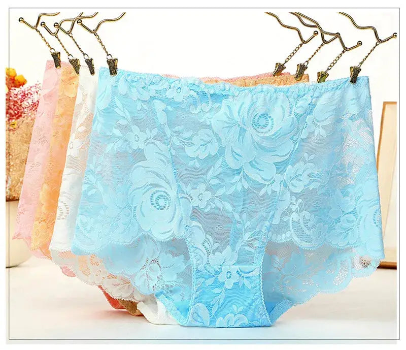 Lace high-waist panties; set of five pastel colors on hangers with blue floral lace foreground.