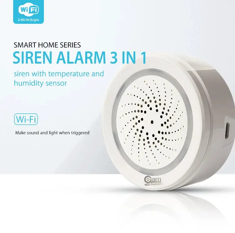 Siren Alarm 3 in 1 by Simples Market, white Wi‑Fi smart siren with temperature and humidity sensor