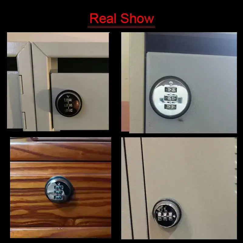 KAK combination cabinet lock, black and silver zinc alloy cam lock with 4-digit code; four-view collage.