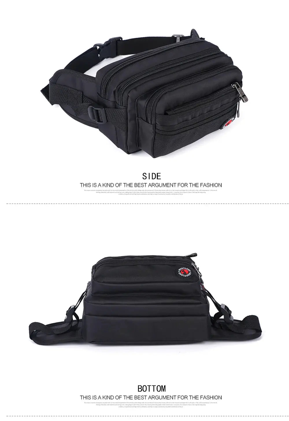 Waist pack Simples Market black waterproof fanny bag with multiple zip pockets and adjustable strap.