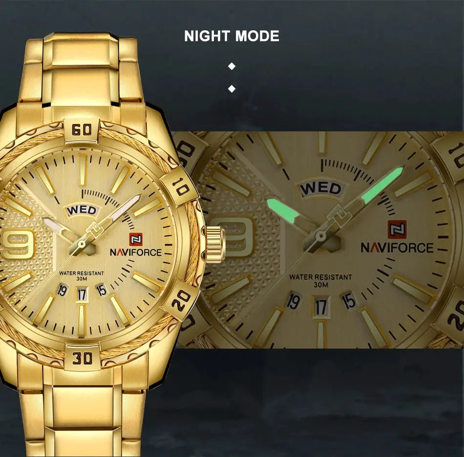 NAVIFORCE gold-tone men's wristwatch with stainless steel bracelet, water resistant 30M