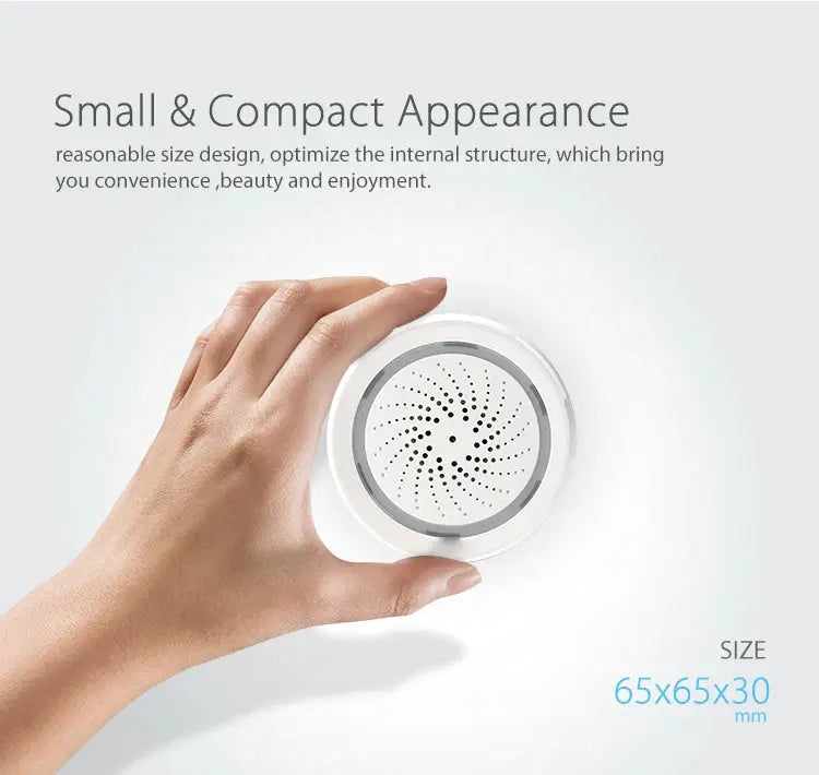 Tuya Smart WiFi Siren Alarm with temperature and humidity sensor, compact round white device