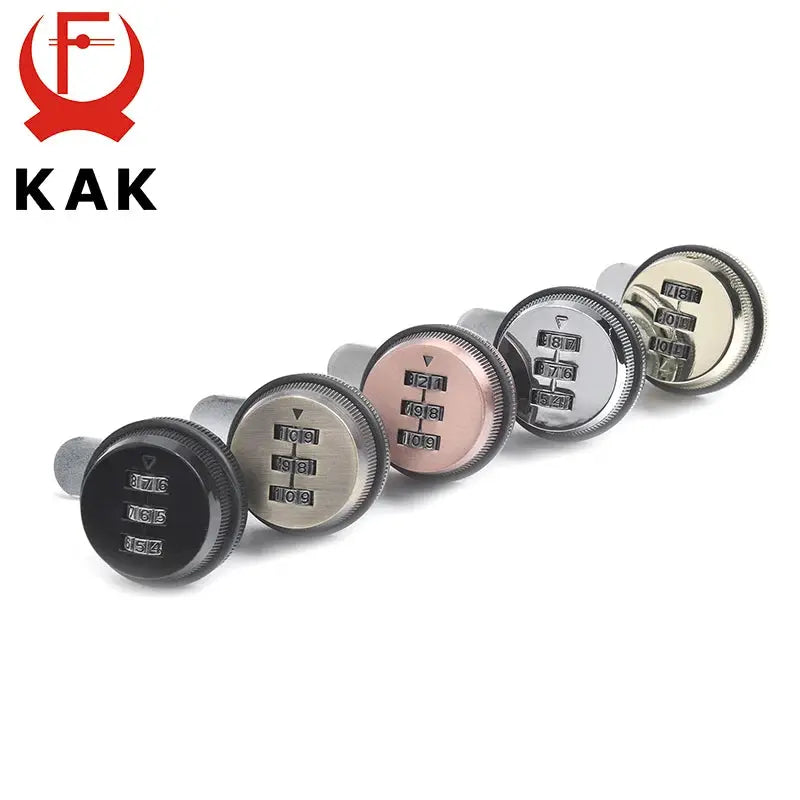 KAK combination cabinet lock set; six zinc alloy cam locks in black, brass, rose gold, and silver finishes