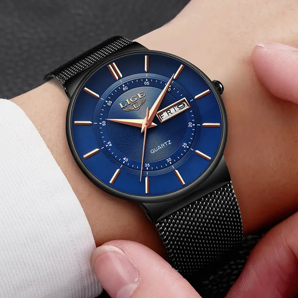 LIGE men's blue dial quartz watch with black stainless steel mesh strap and date display