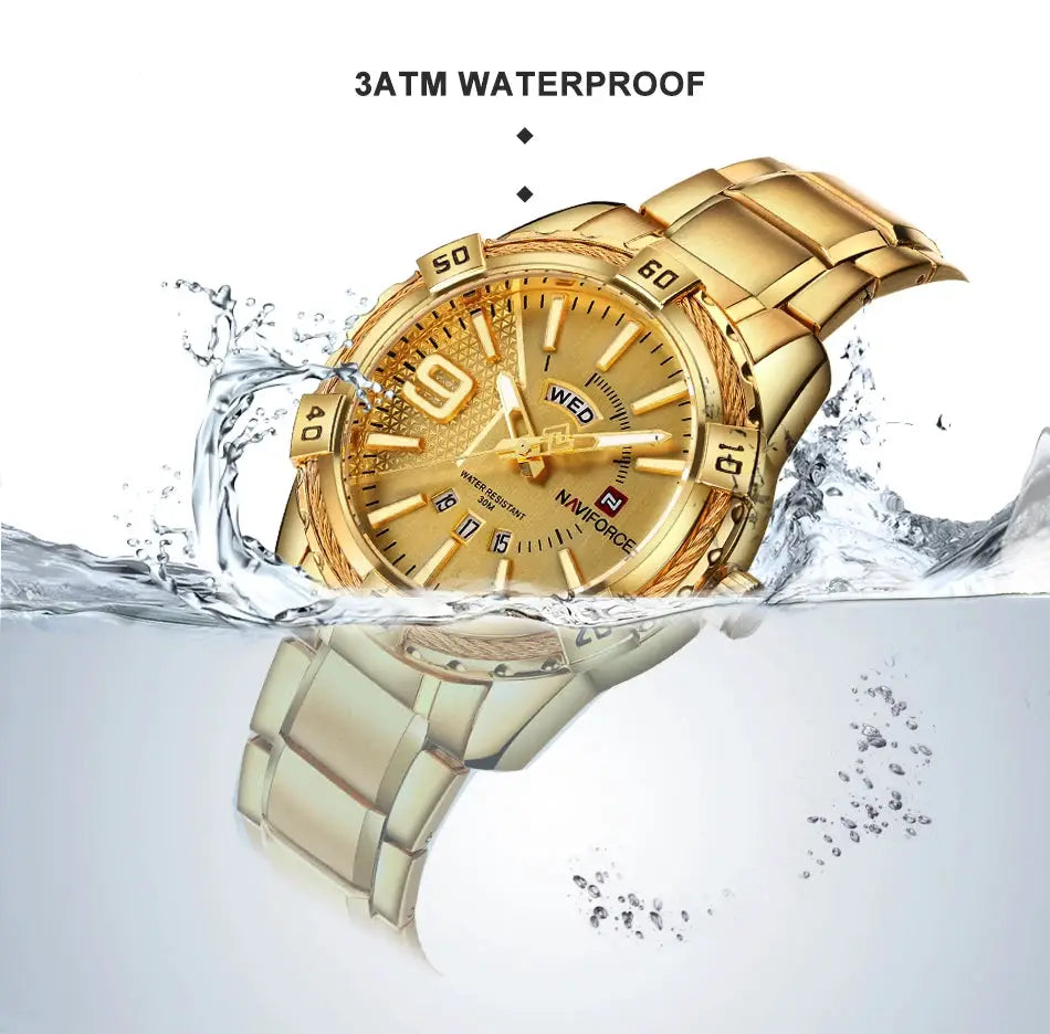 NAVIFORCE men's wristwatch, gold-tone with stainless steel band, 3ATM waterproof
