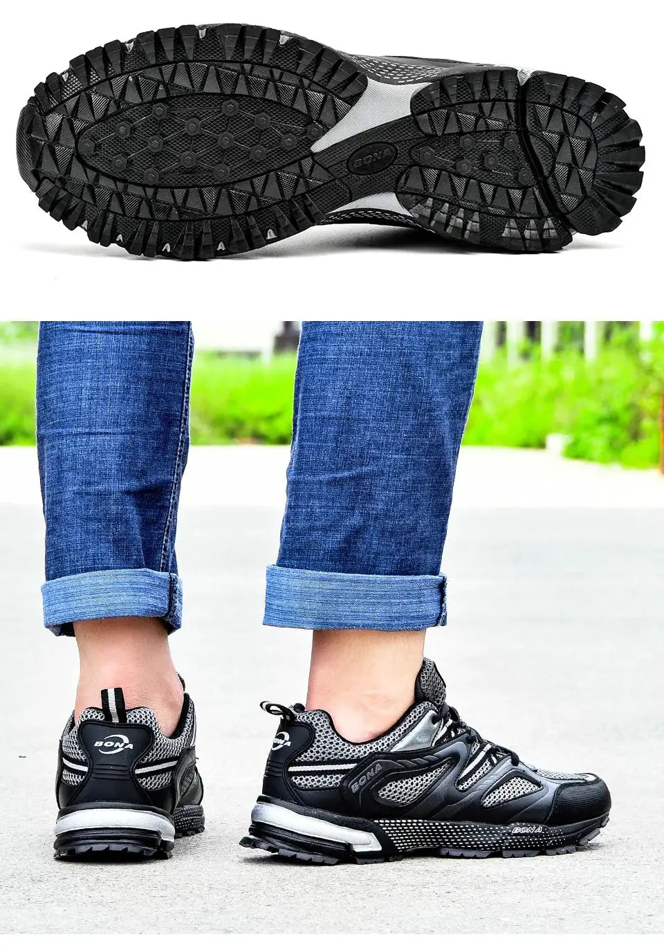 BONA men's cow-split mesh running shoes by Simples Market, black and gray lace-up outdoor joggers