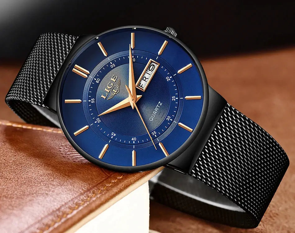 LIGE men's blue-dial wristwatch with gold hands and black mesh steel strap