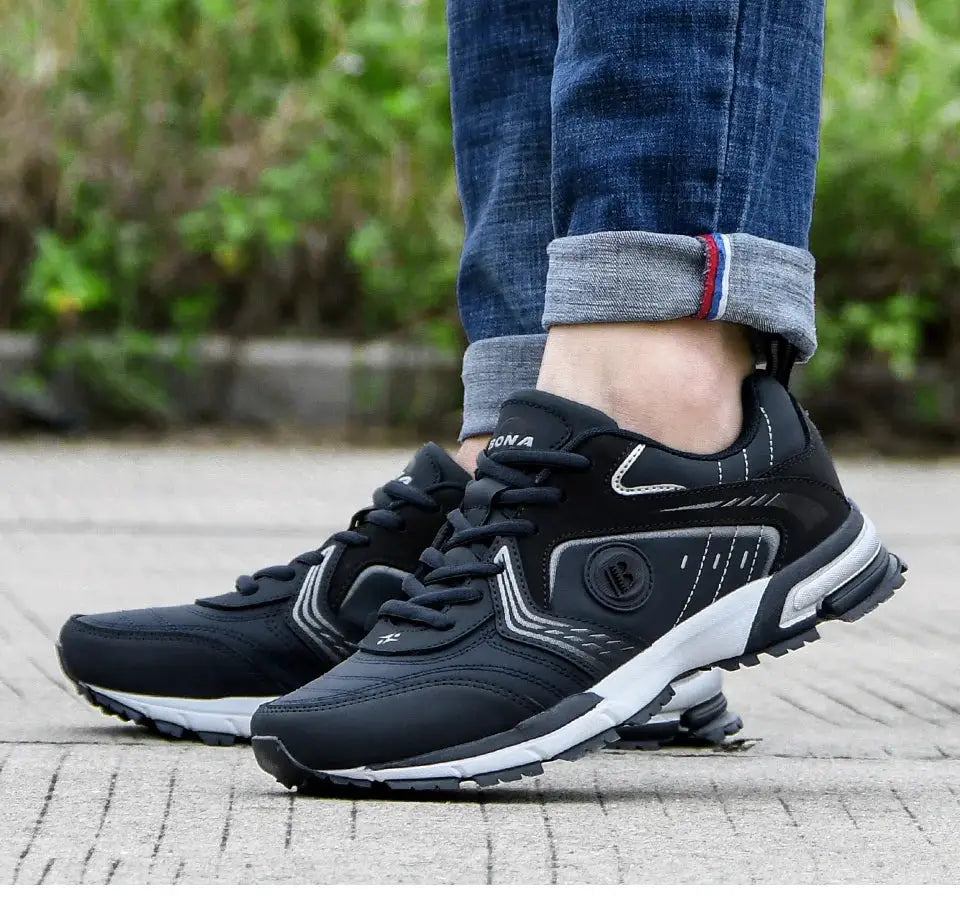 Pair of black BONA men's running shoes with gray accents and lace-up design
