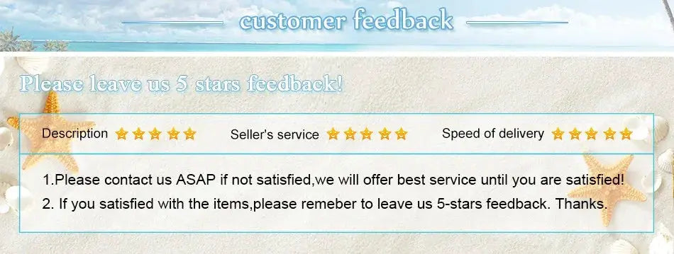 Customer feedback banner on sandy beach background with five-star ratings and feedback instructions