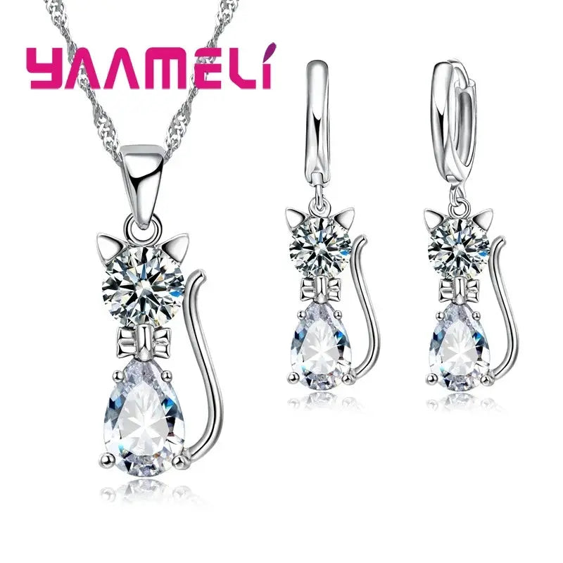 Real 925 Sterling Silver Cat Pendant Necklace And Huggie Earrings With Austrian Crystal Jewelry Set For Women And Girls