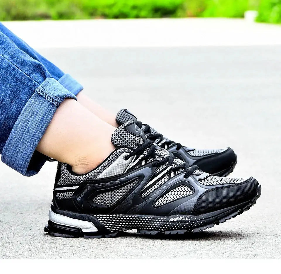 BONA men running shoes, black and gray mesh, lace-up pair