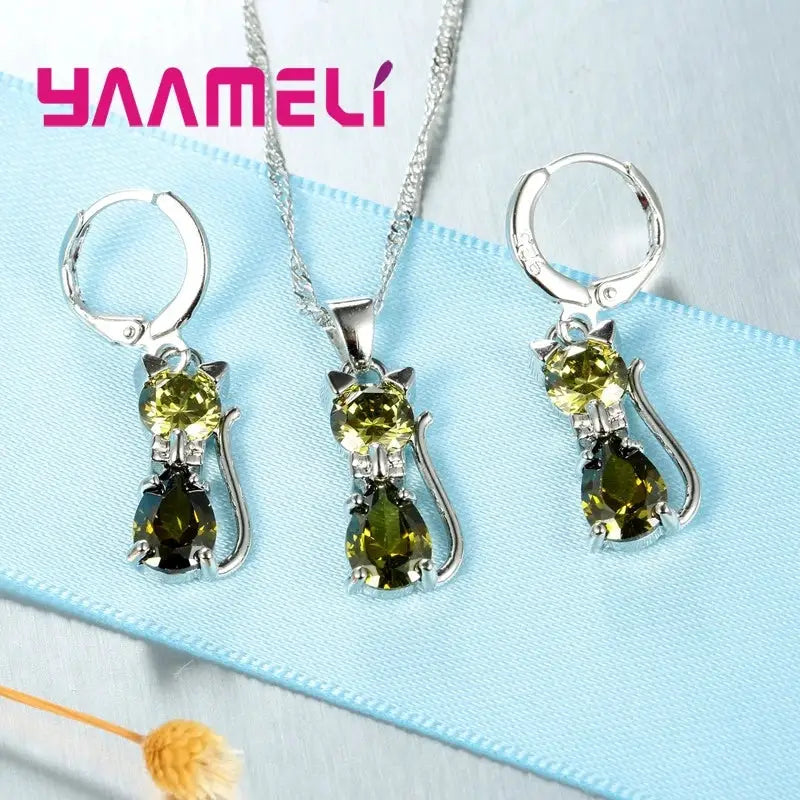 Real 925 Sterling Silver Cat Pendant Necklace And Huggie Earrings With Austrian Crystal Jewelry Set For Women And Girls