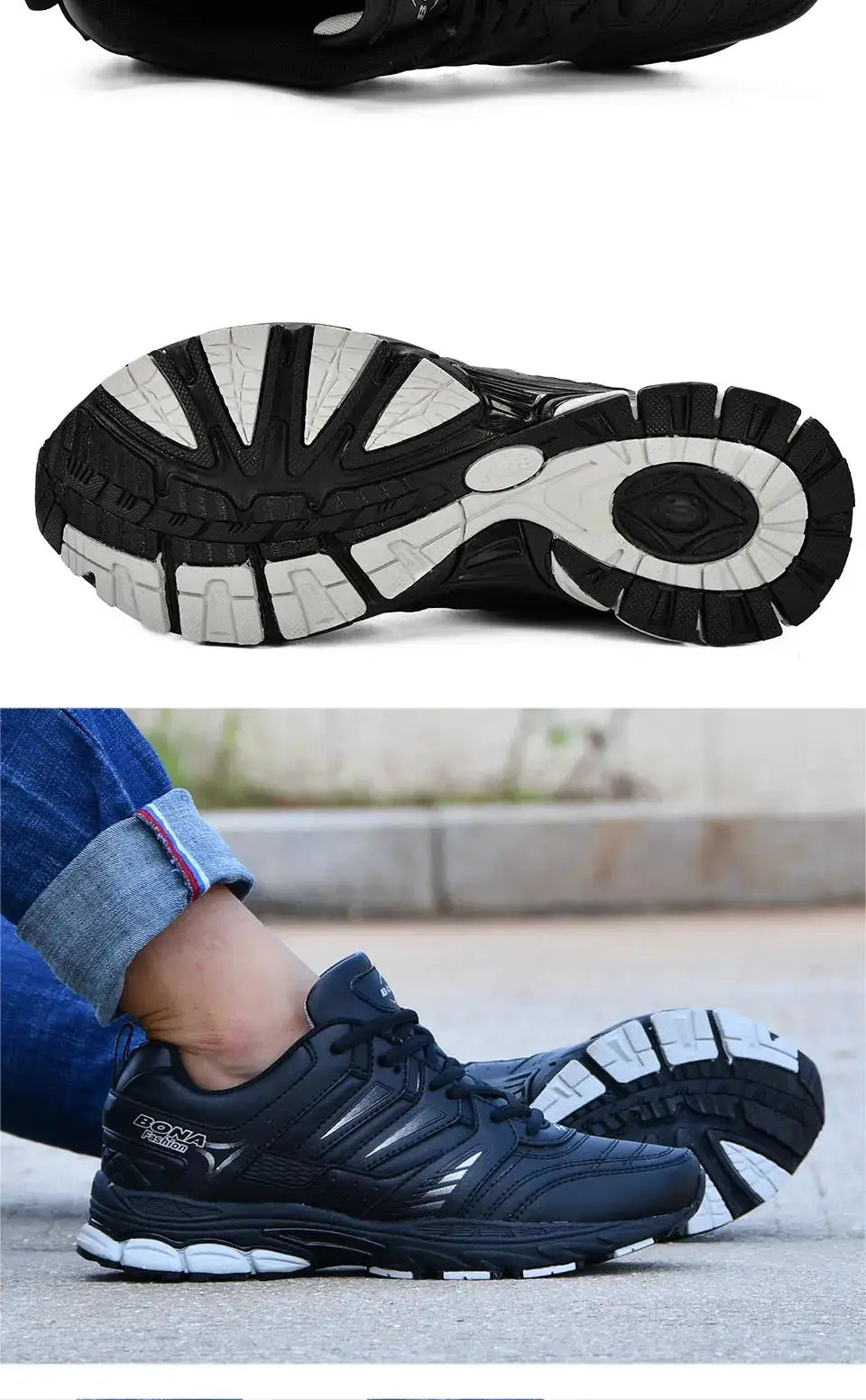 BONA men's running shoes, black with white outsole, breathable outdoor sneakers