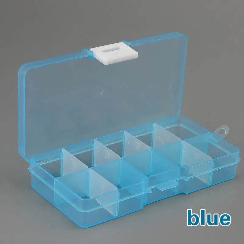 10-slot blue plastic jewelry and parts organizer box with transparent lid by Simples Market