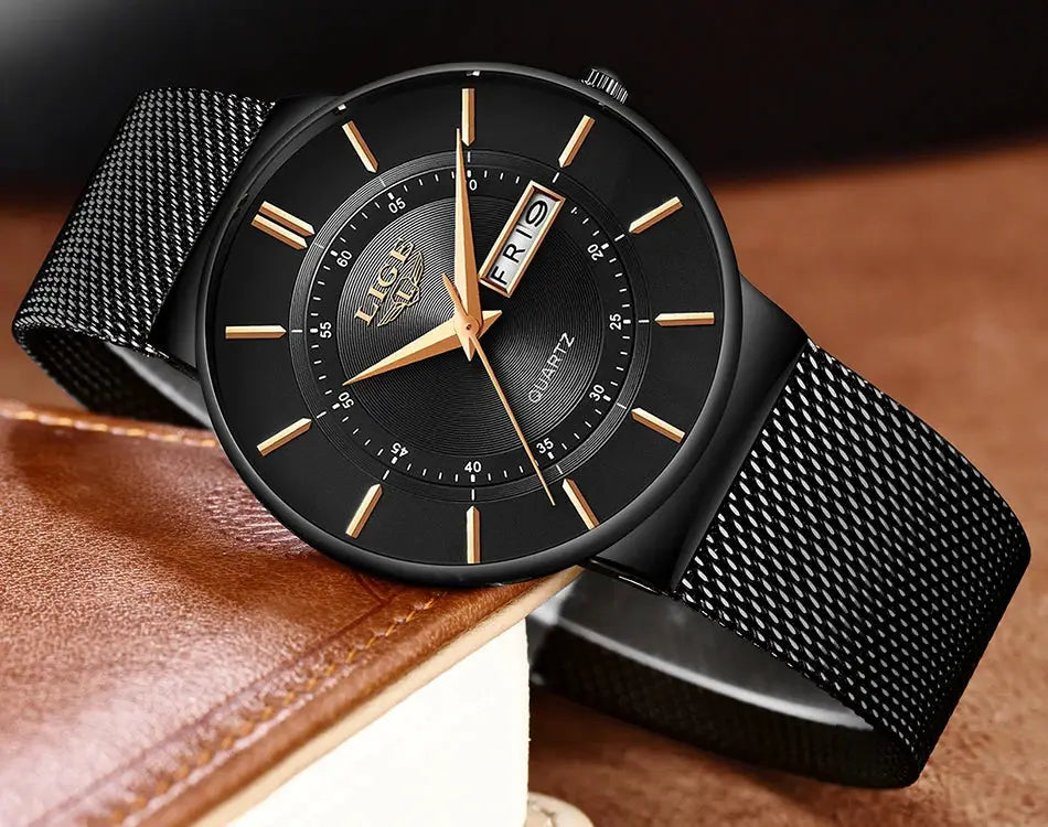 LIGE men's luxury quartz watch with black stainless steel mesh strap, gold-tone markers, date display