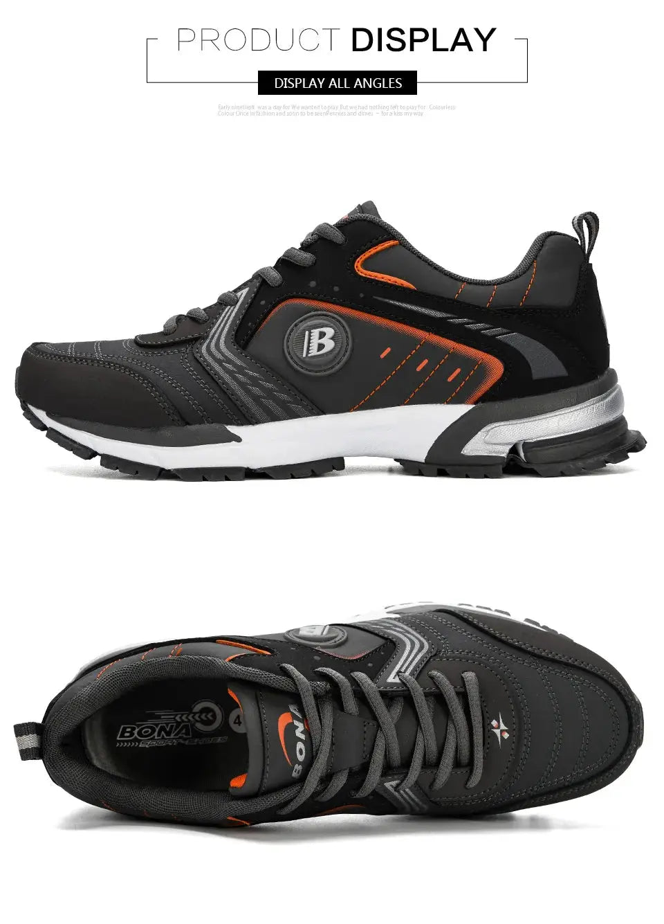 BONA men's running shoes, black with orange accents, lace-up sneakers with side logo for walking and jogging.
