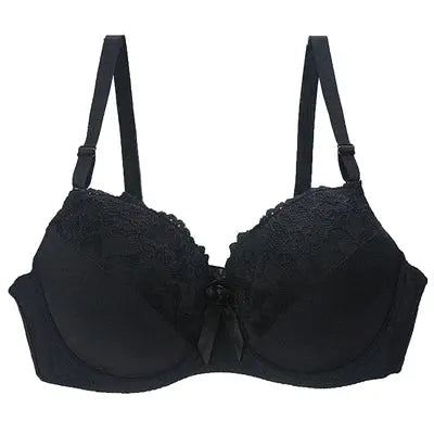 Women's black lace underwire bra with adjustable straps and bow detail