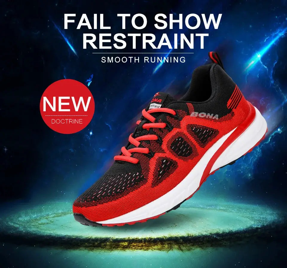 BONA sneakers men's sport mesh trainers, red/black with white midsole, lightweight athletic shoes