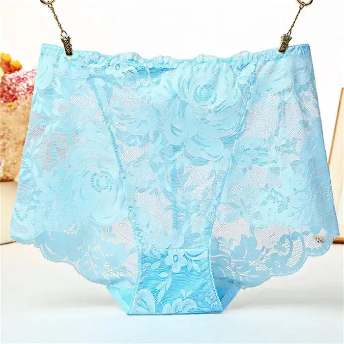 Blue lace high-waist panties for women, plus size, floral lace, cotton crotch