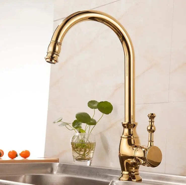 Gold brass kitchen faucet with tall gooseneck spout and single lever handle
