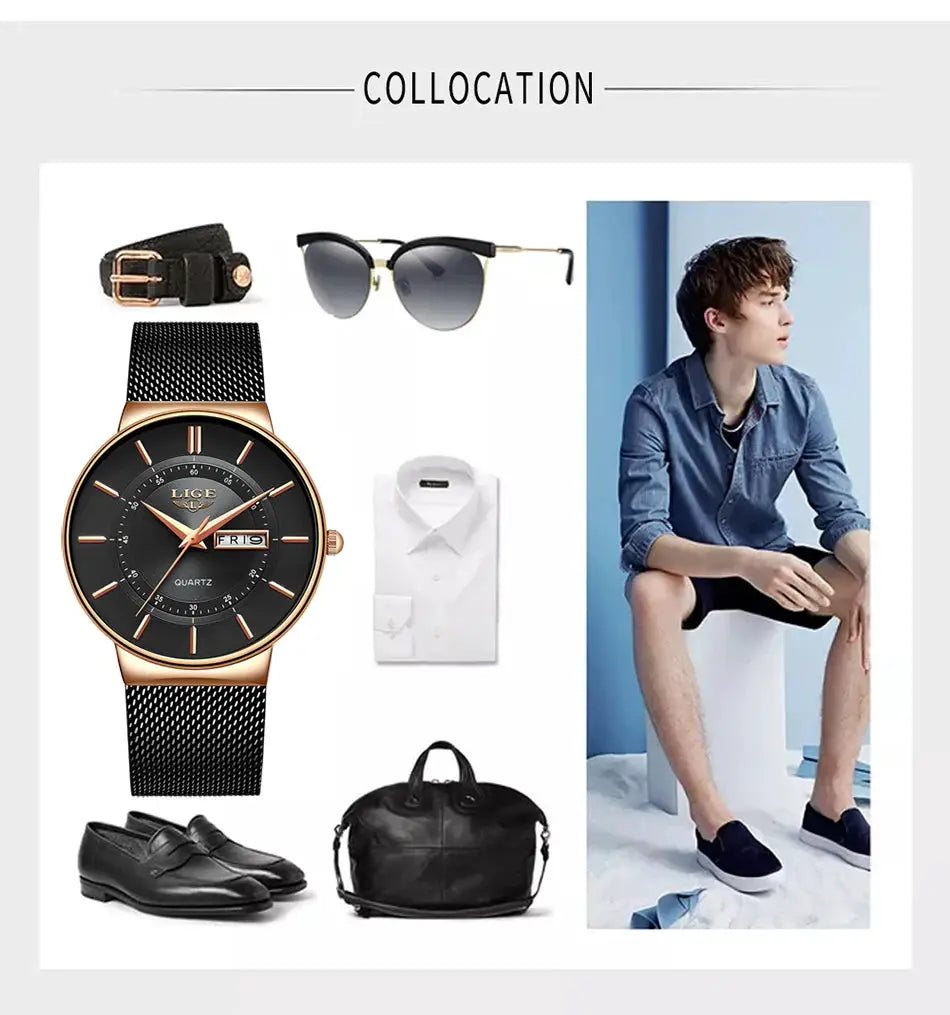 LIGE men's quartz watch with black dial and rose-gold mesh strap; 6-piece fashion collage.