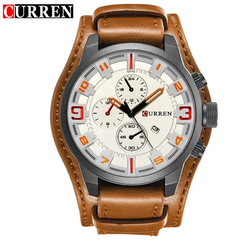 Curren men's luxury wristwatch with brown leather strap, silver case, orange accented markers and chronograph dials