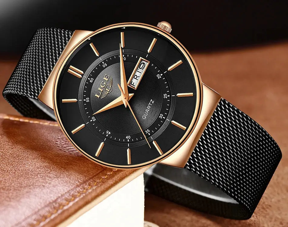 LIGE men's luxury quartz watch with black dial, gold-tone case, and steel mesh strap.