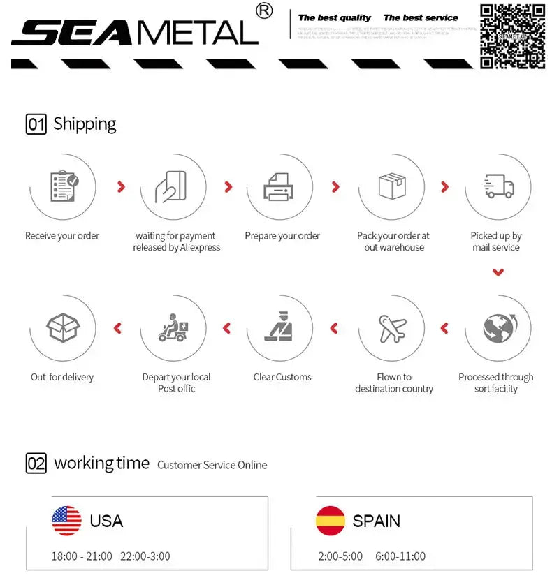 SEAMETAL microfiber car towel by Simples Market banner displaying shipping steps and working hours