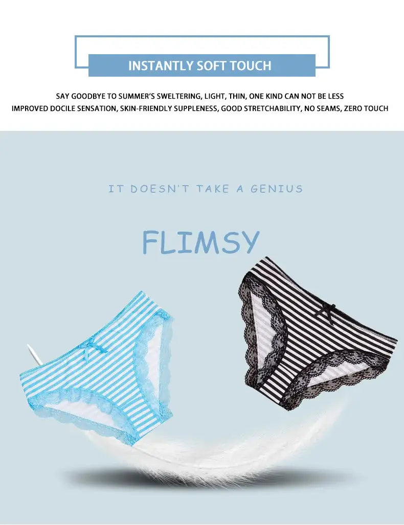 Flimsy bikini panties two-pack: blue striped lace-trim pair and black striped lace-trim pair