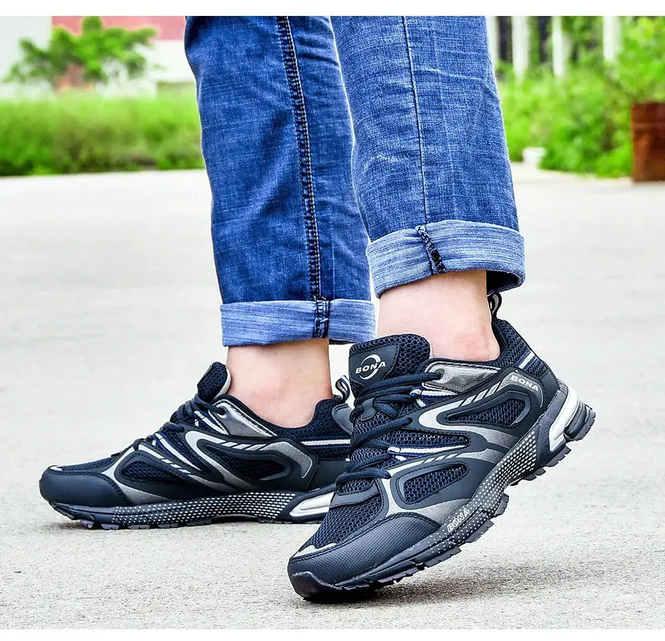 BONA men's running shoes with dark blue mesh, gray overlays, lace-up design
